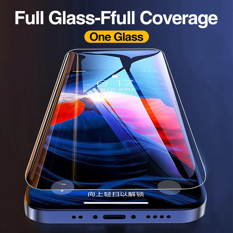 Four transparent tempered glass screen protectors for Apple iPhone models on a white background.