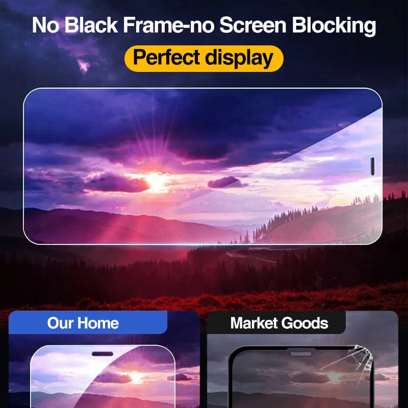 Four transparent tempered glass screen protectors for Apple iPhone models on a white background.