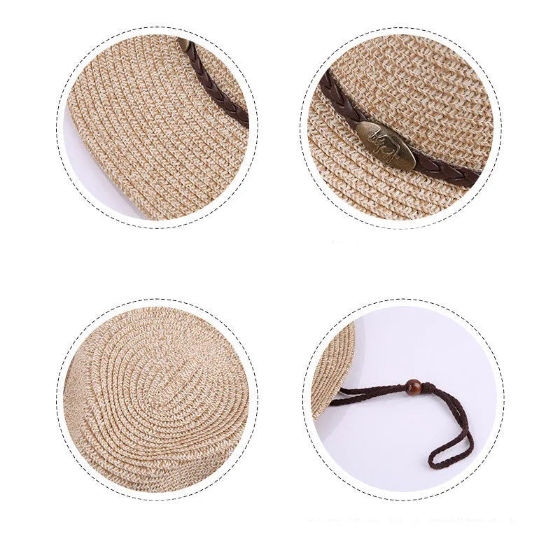 Wide brim papyrus sun hat with wind lanyard chin strap, 9cm brim and 58cm circumference, in brown, coffee, dark green or grey.