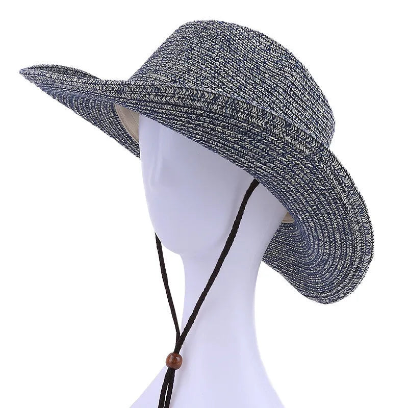 Wide brim papyrus sun hat with wind lanyard chin strap, 9cm brim and 58cm circumference, in brown, coffee, dark green or grey.