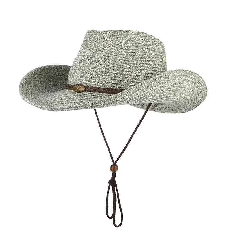 Wide brim papyrus sun hat with wind lanyard chin strap, 9cm brim and 58cm circumference, in brown, coffee, dark green or grey.