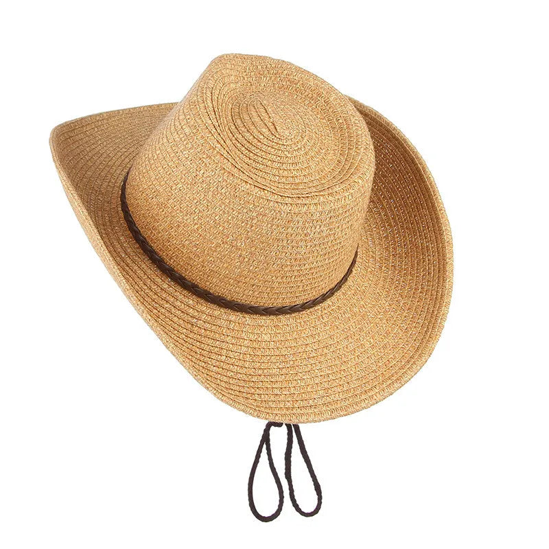 Wide brim papyrus sun hat with wind lanyard chin strap, 9cm brim and 58cm circumference, in brown, coffee, dark green or grey.