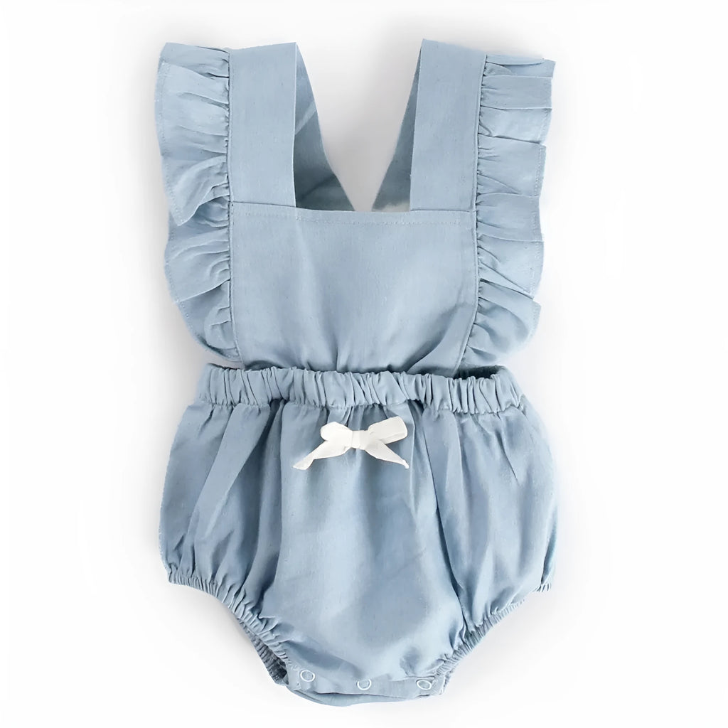 Blue denim lace sleeveless baby romper with princess style triangle climb design
