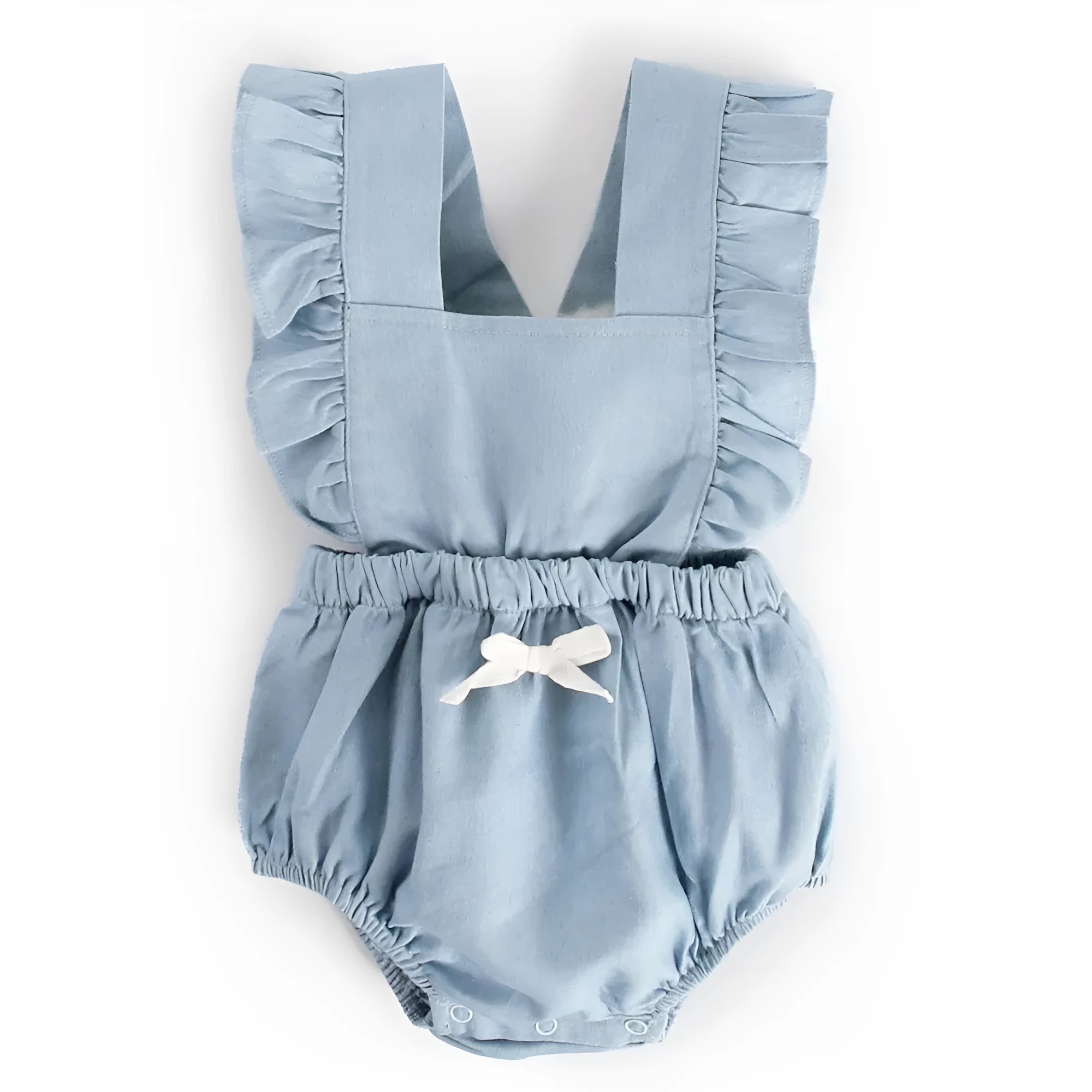 Blue denim lace sleeveless baby romper with princess style triangle climb design