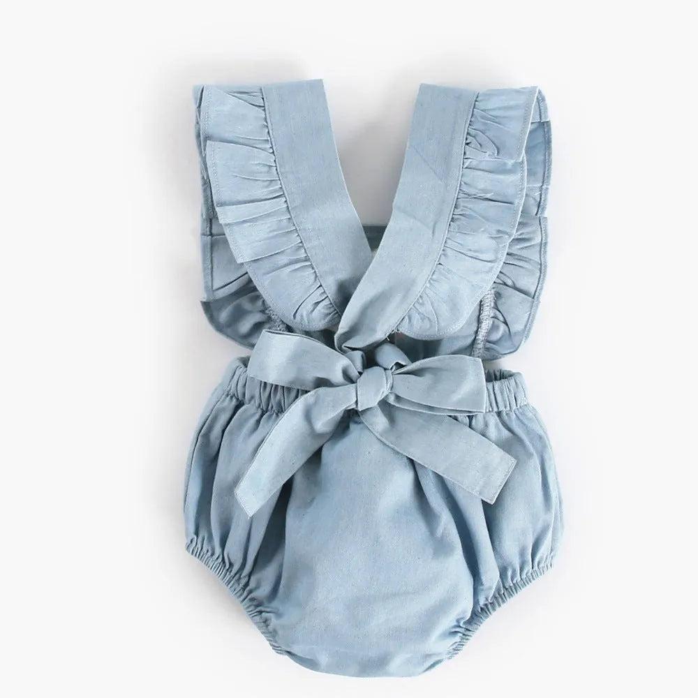 Blue denim lace sleeveless baby romper with princess style triangle climb design