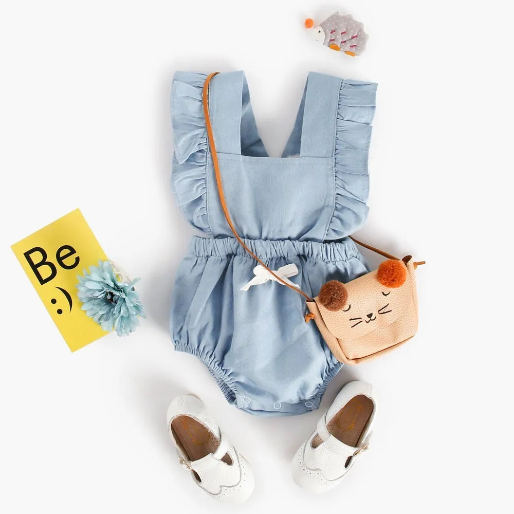 Blue denim lace sleeveless baby romper with princess style triangle climb design