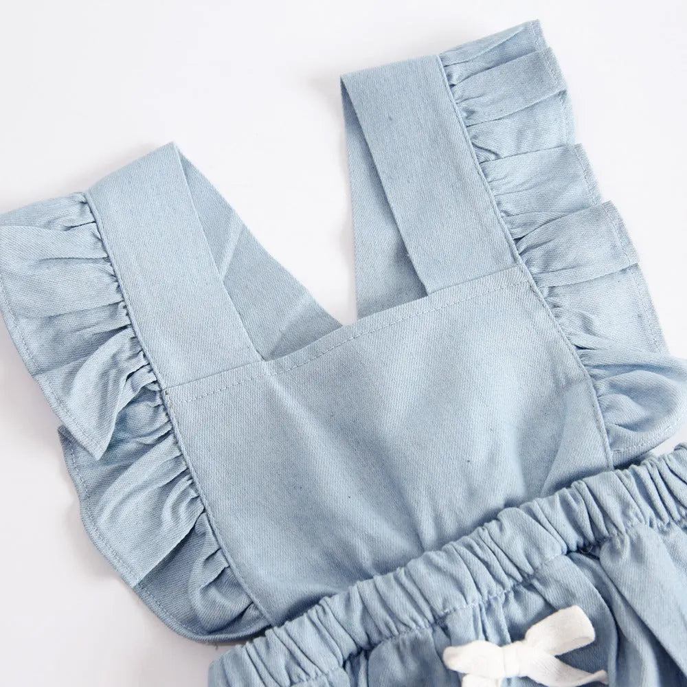 Blue denim lace sleeveless baby romper with princess style triangle climb design