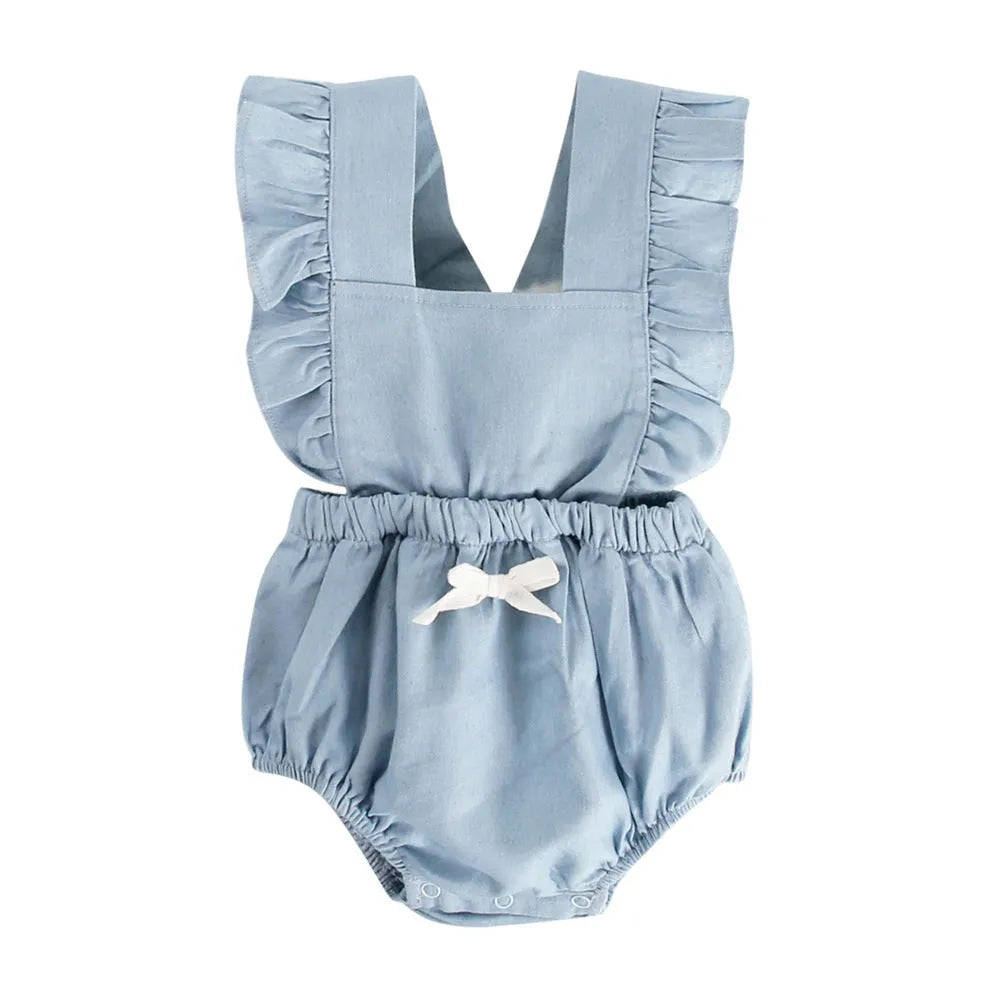 Blue denim lace sleeveless baby romper with princess style triangle climb design