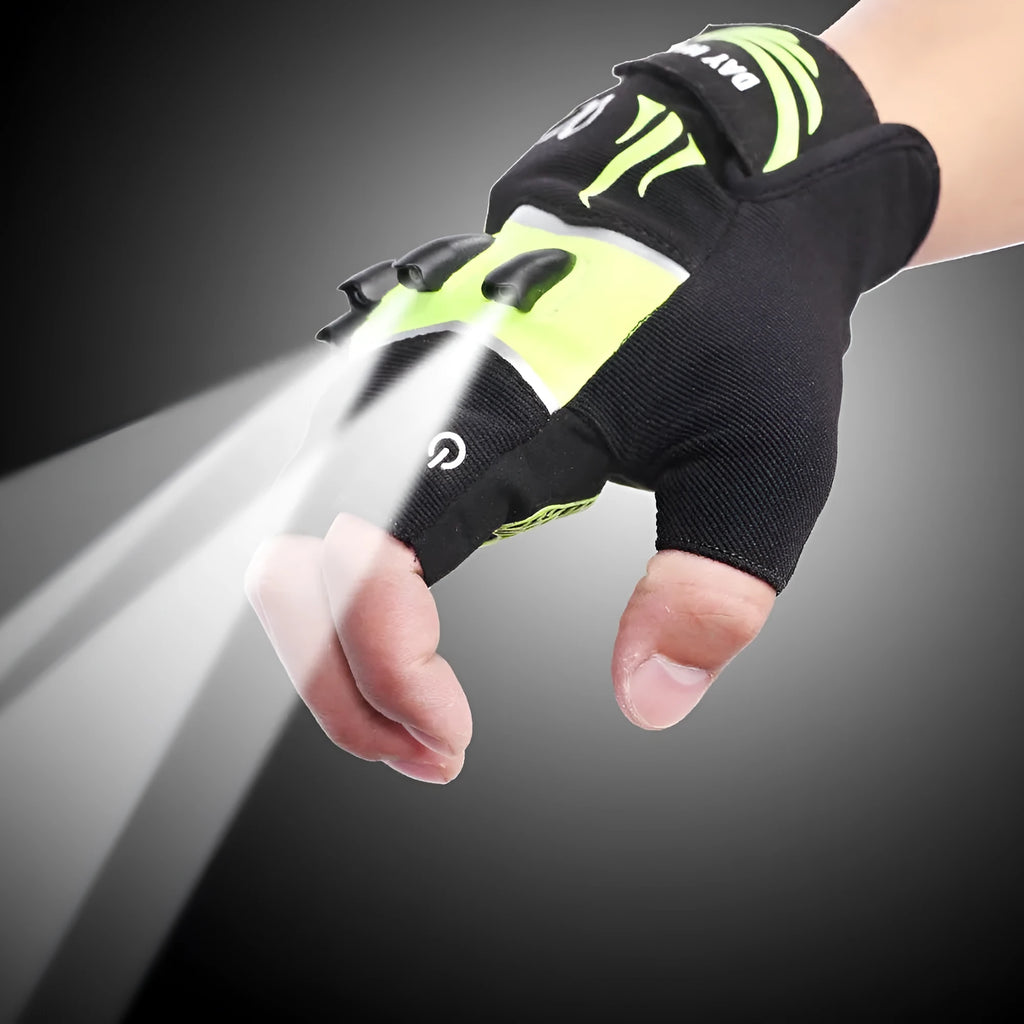 Fingerless leather bike gloves in black green with USB lighting, non-slip palm