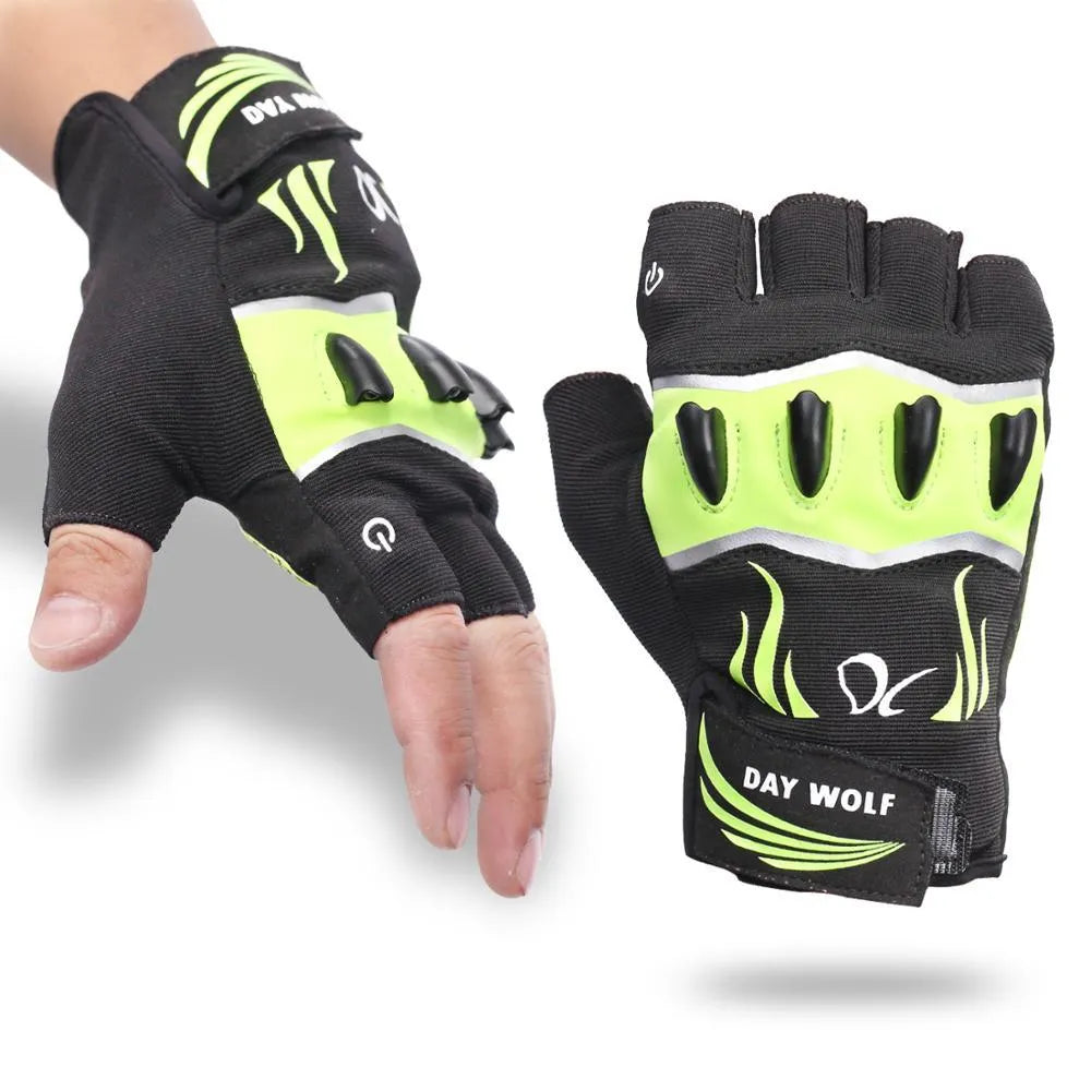 Fingerless leather bike gloves in black green with USB lighting, non-slip palm