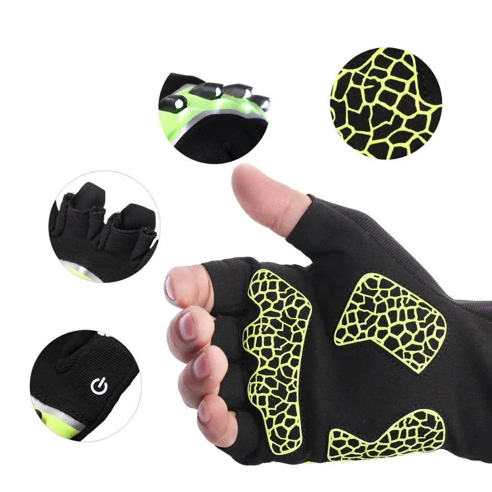 Fingerless leather bike gloves in black green with USB lighting, non-slip palm