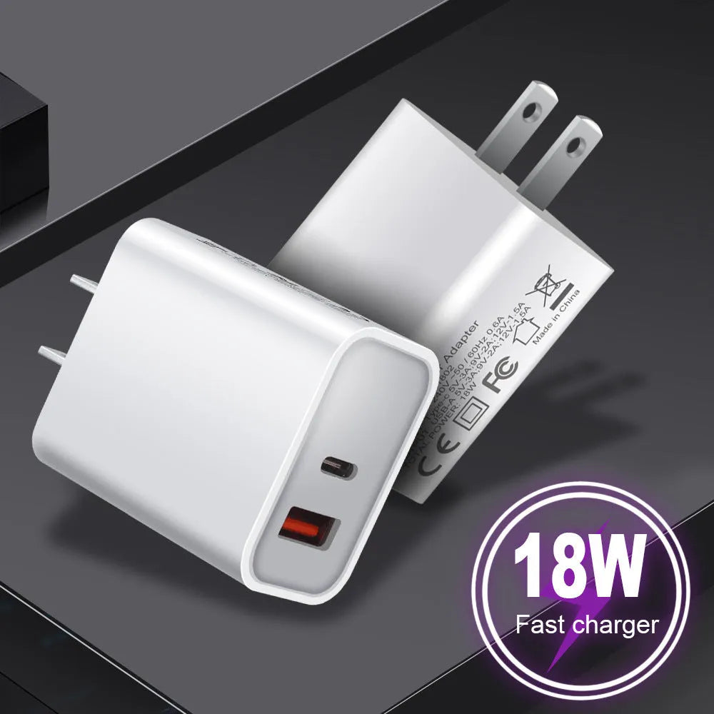 White 18W fast charging plug with dual USB ports and UK British standard wall plug