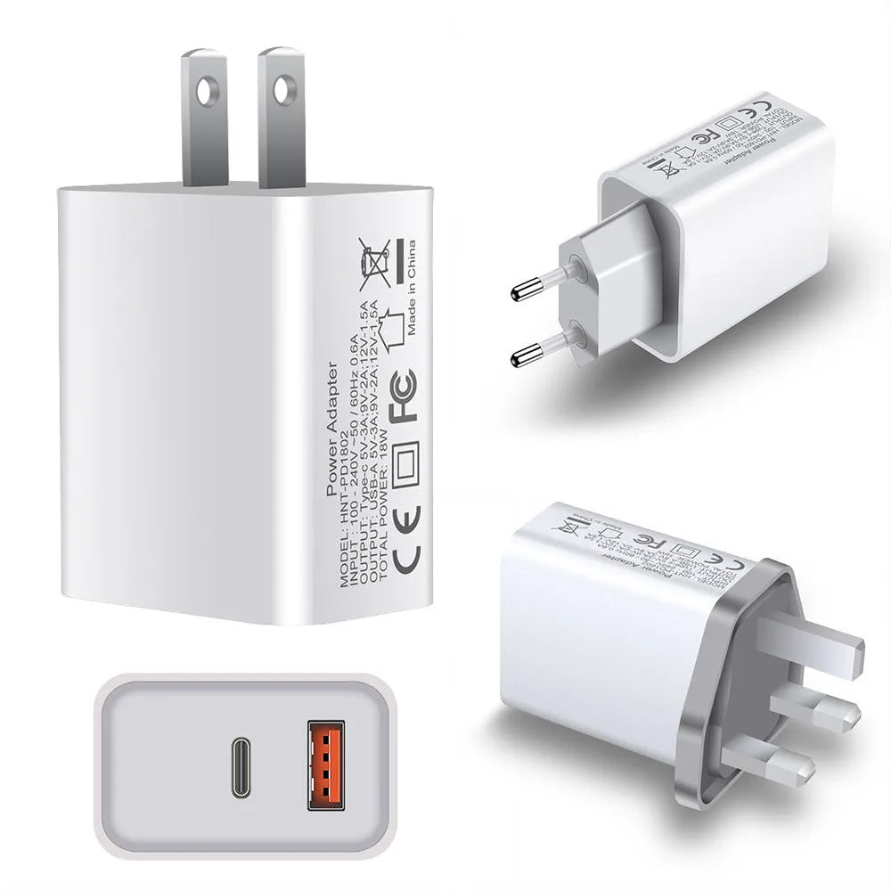 White 18W fast charging plug with dual USB ports and UK British standard wall plug