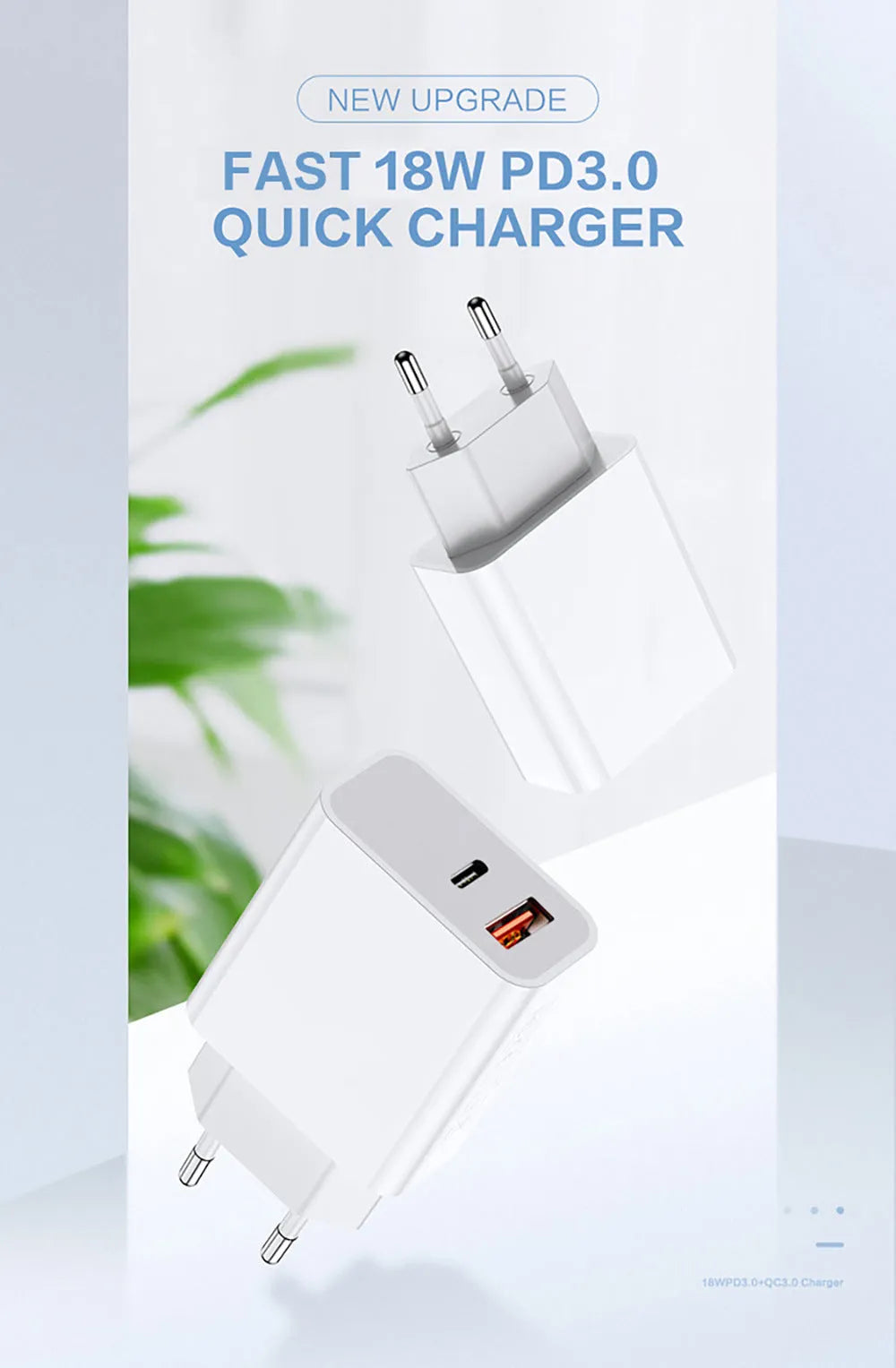 White 18W fast charging plug with dual USB ports and UK British standard wall plug