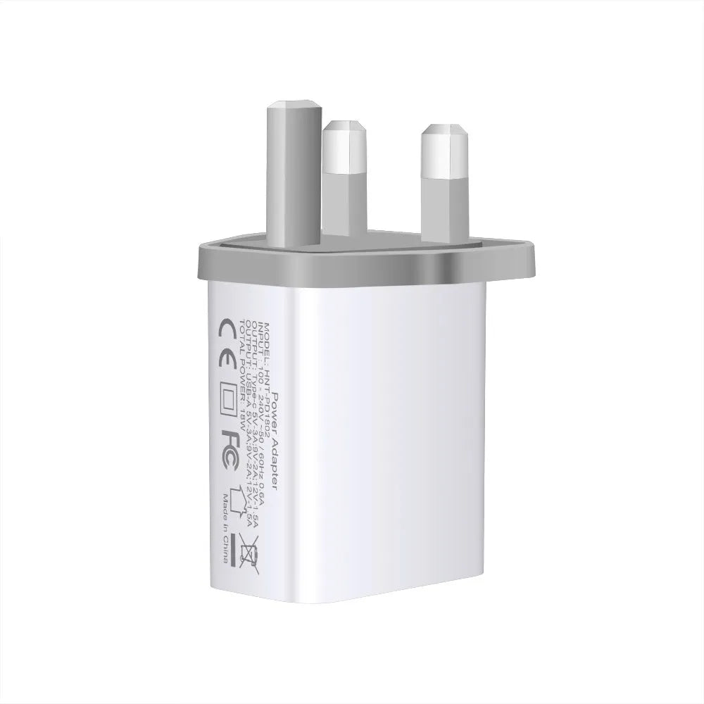White 18W fast charging plug with dual USB ports and UK British standard wall plug