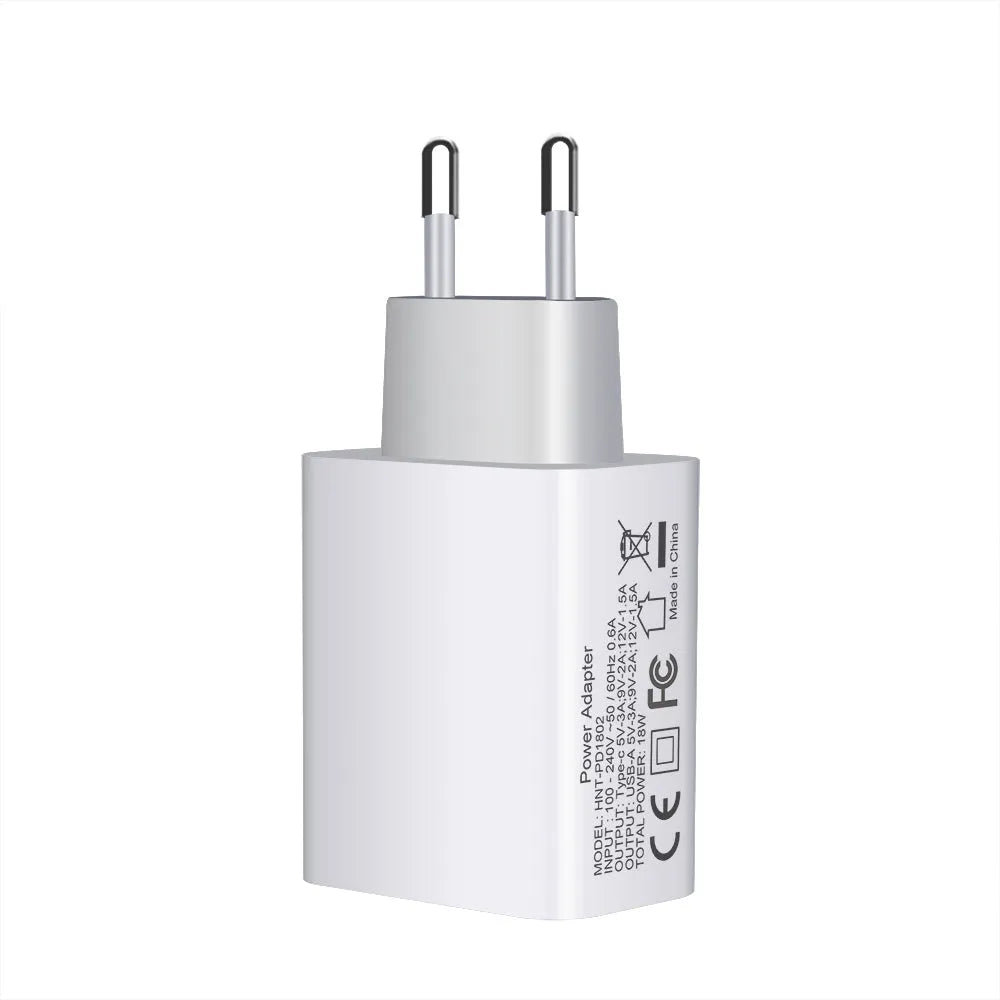 White 18W fast charging plug with dual USB ports and UK British standard wall plug