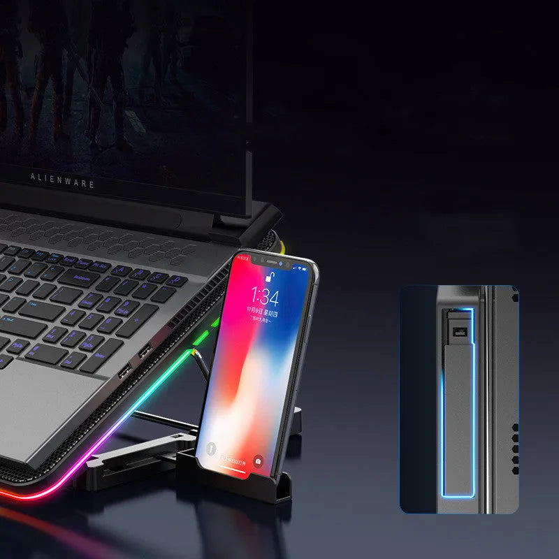 F5 notebook cooler with six fans, plastic body, 360x255x27mm, for laptop cooling on desk with optional RGB lighting