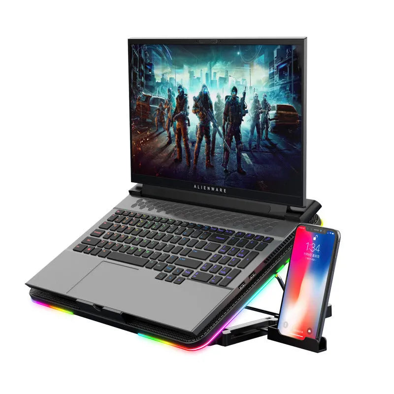 F5 notebook cooler with six fans, plastic body, 360x255x27mm, for laptop cooling on desk with optional RGB lighting
