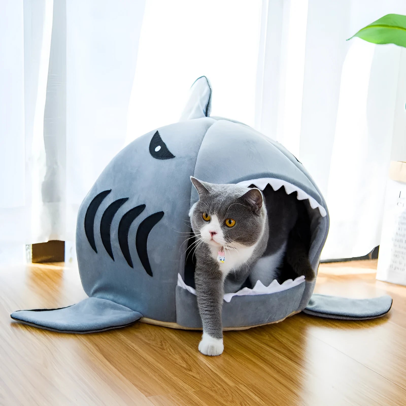 Grey shark den pet bed for small dogs and cats with soft crystal velvet material