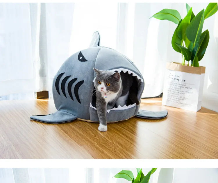 Grey shark den pet bed for small dogs and cats with soft crystal velvet material
