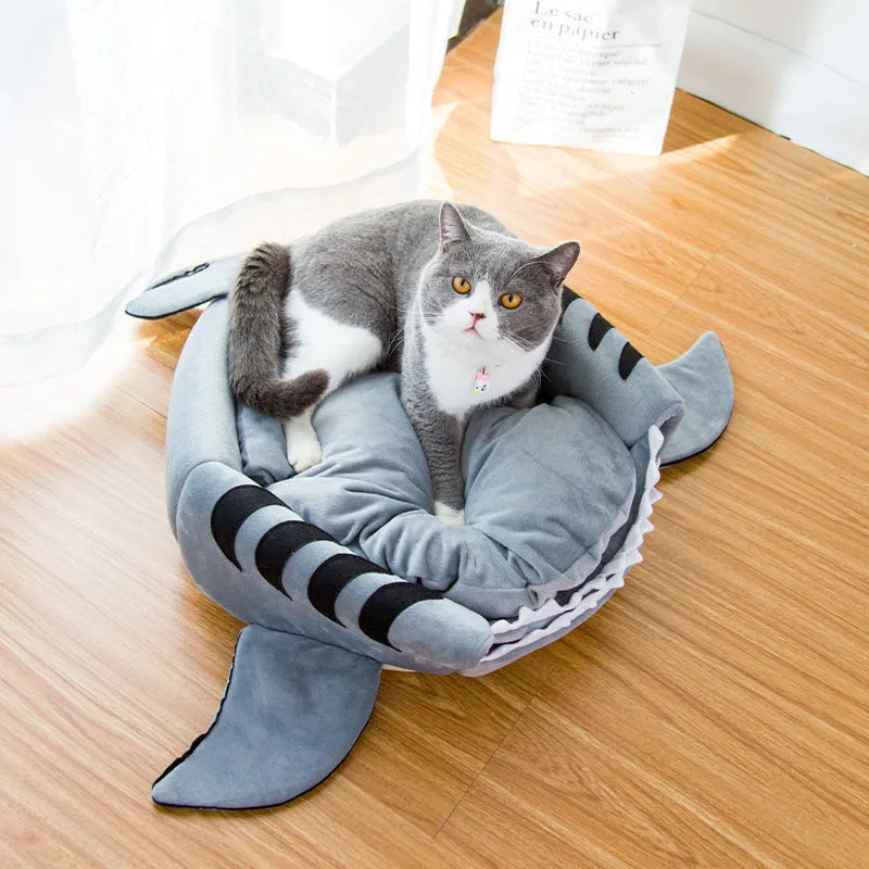 Grey shark den pet bed for small dogs and cats with soft crystal velvet material