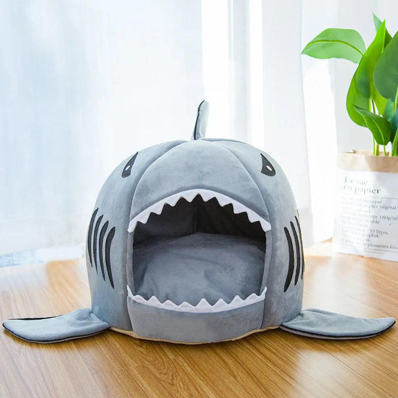 Grey shark den pet bed for small dogs and cats with soft crystal velvet material