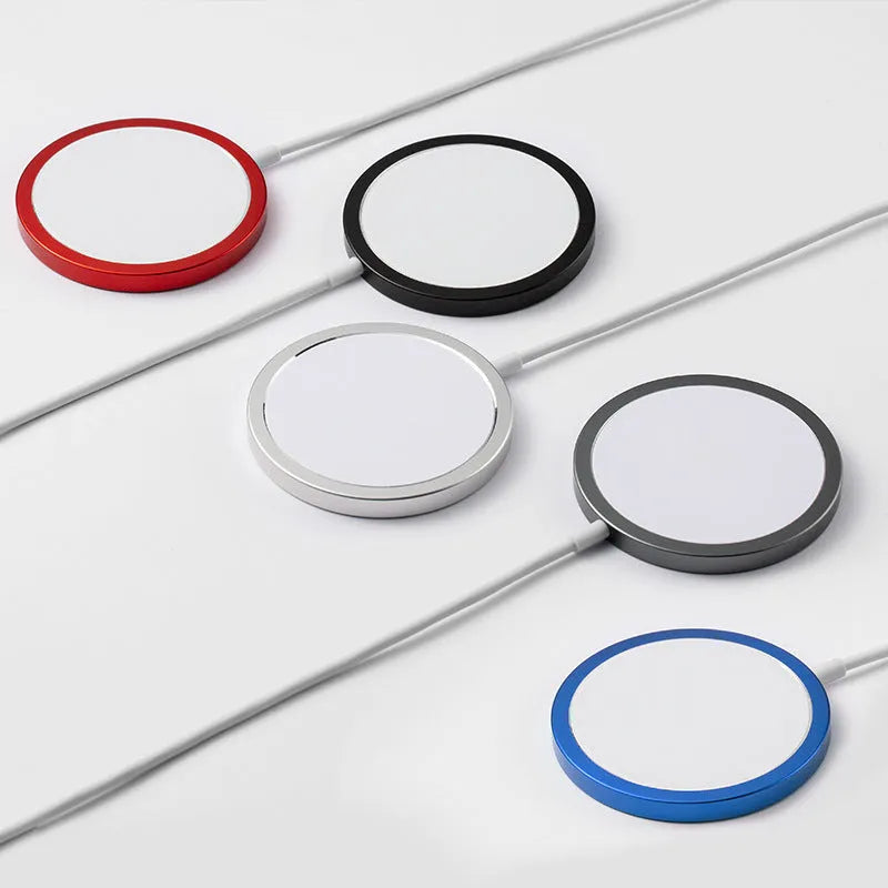 Silver metal magnetic wireless charging pad compatible with iPhone MagSafe