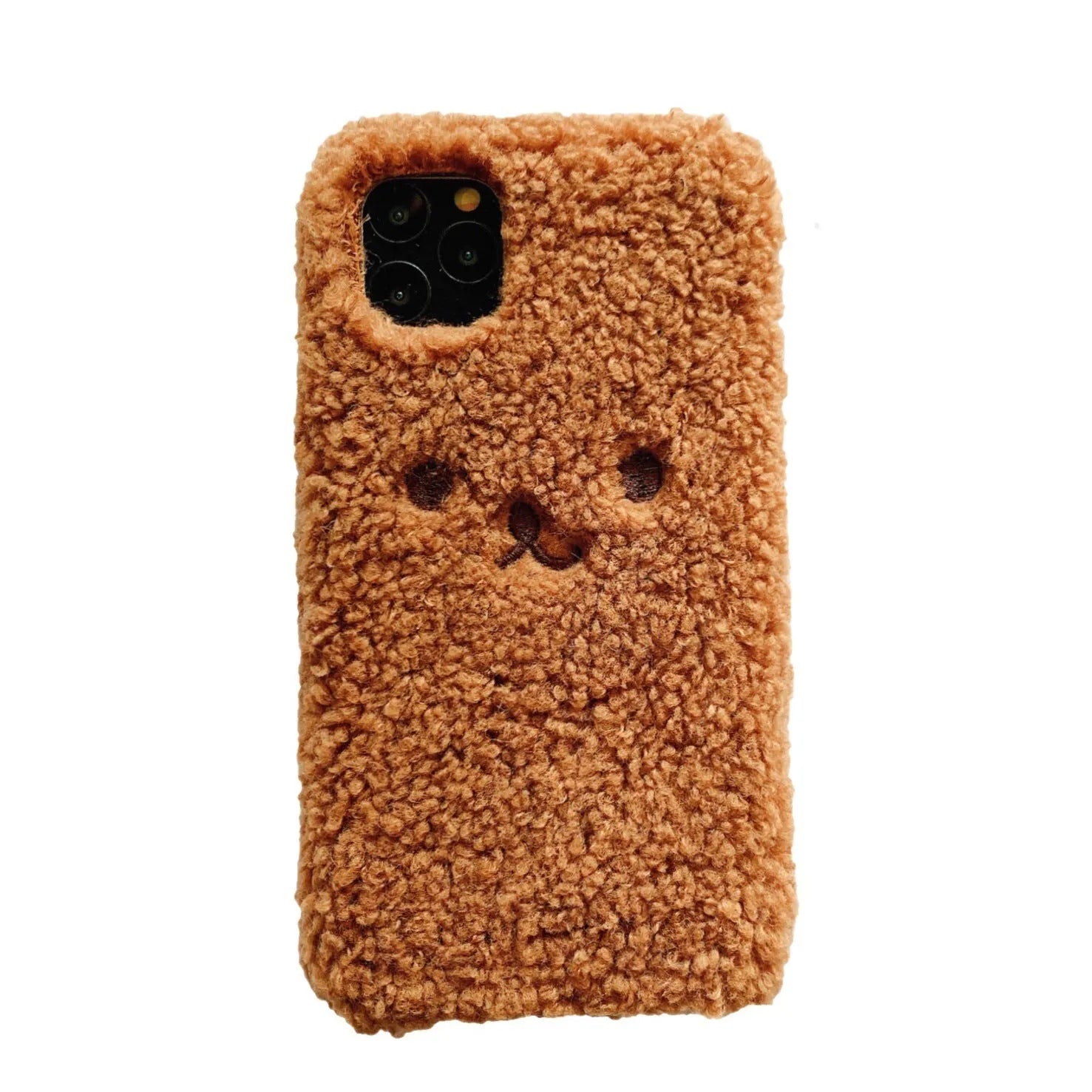 Brown plush bear embroidered iPhone case on a mobile phone