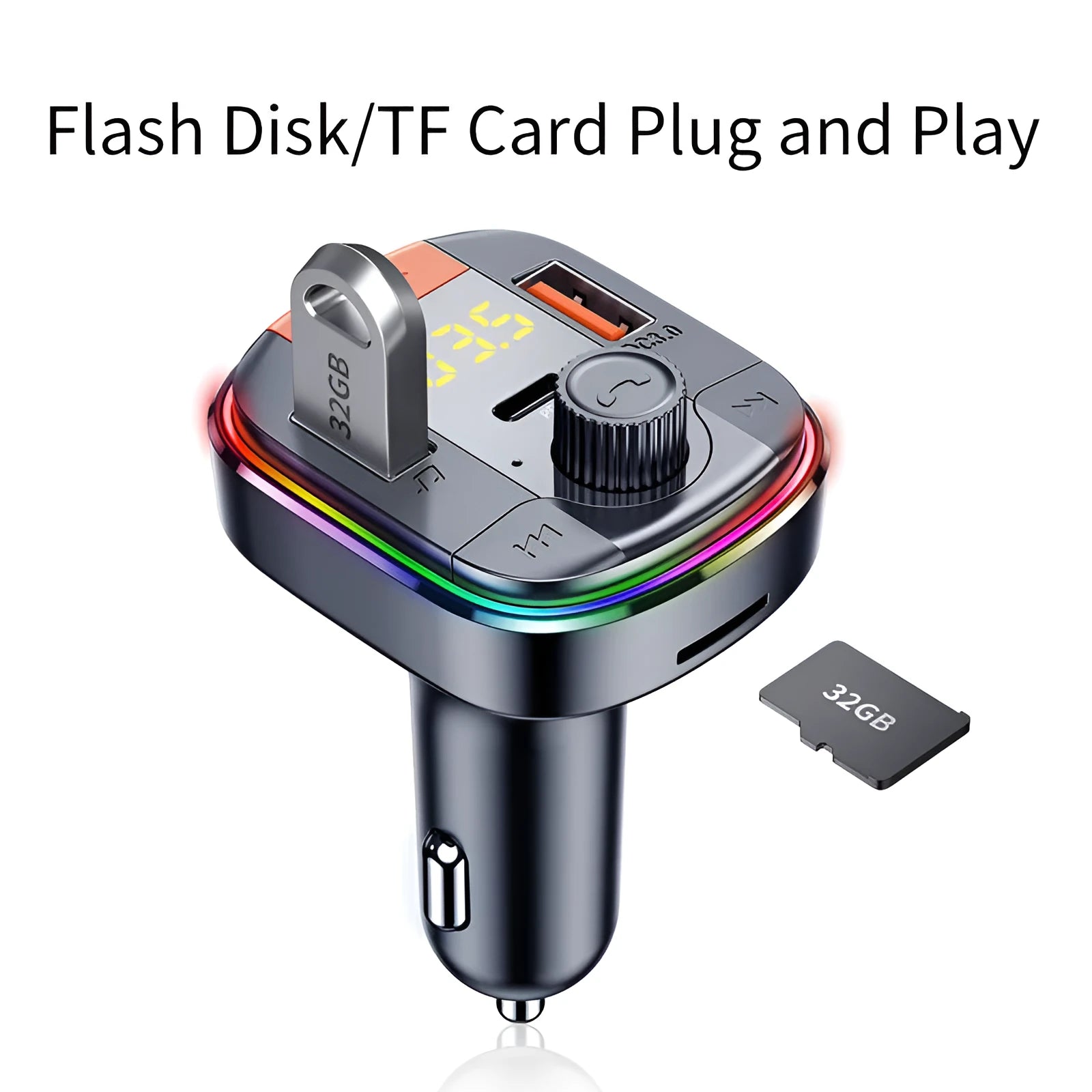 Black car Bluetooth MP3 player with LED lights, a volume knob, USB ports, and a cigarette lighter plug.