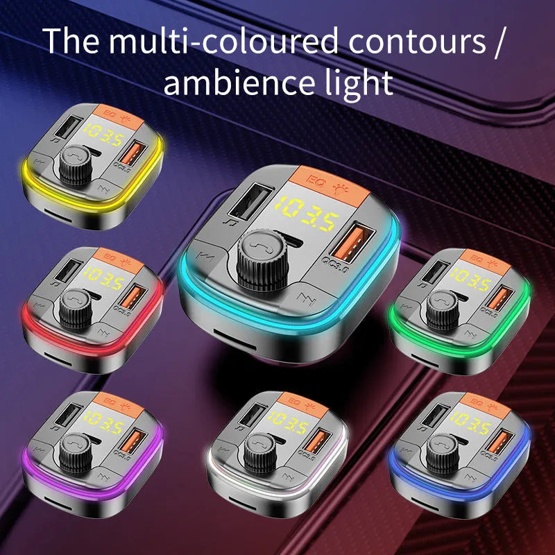 Black car Bluetooth MP3 player with LED lights, a volume knob, USB ports, and a cigarette lighter plug.