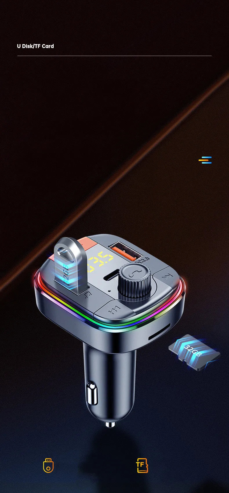 Black car Bluetooth MP3 player with LED lights, a volume knob, USB ports, and a cigarette lighter plug.