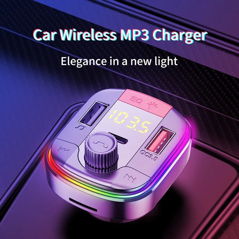Black car Bluetooth MP3 player with LED lights, a volume knob, USB ports, and a cigarette lighter plug.