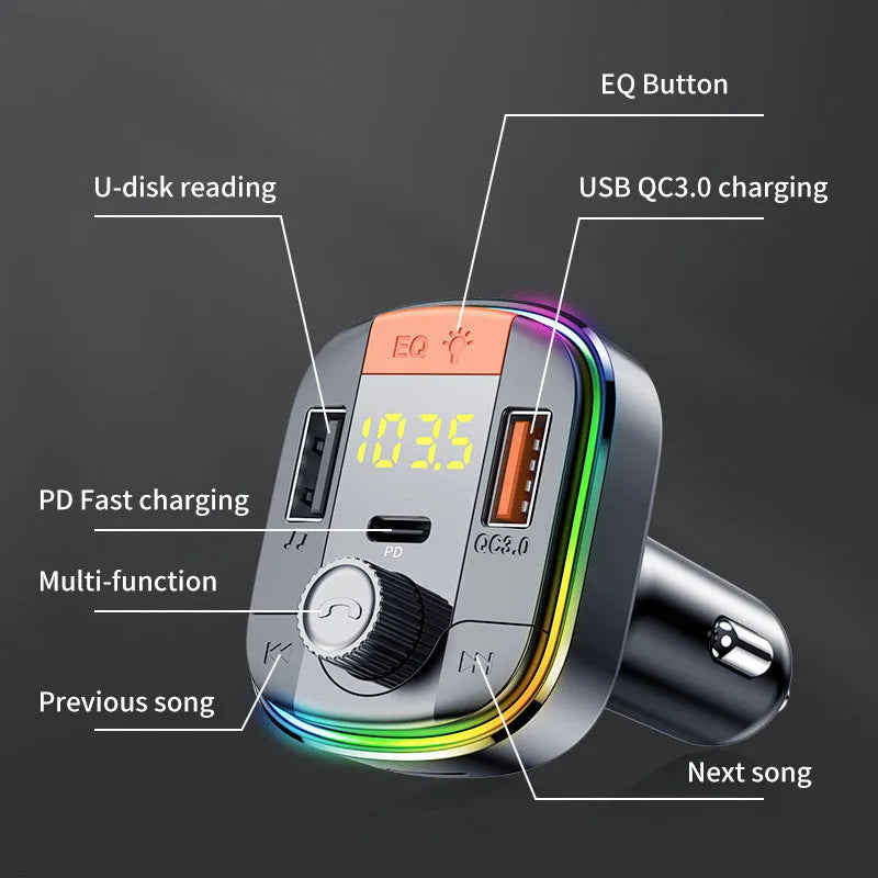Black car Bluetooth MP3 player with LED lights, a volume knob, USB ports, and a cigarette lighter plug.