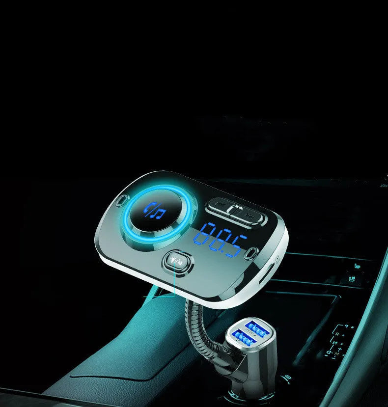 Black car MP3 Bluetooth player with dot LED display, FM transmitter, USB and TF card slots, and atmosphere light.