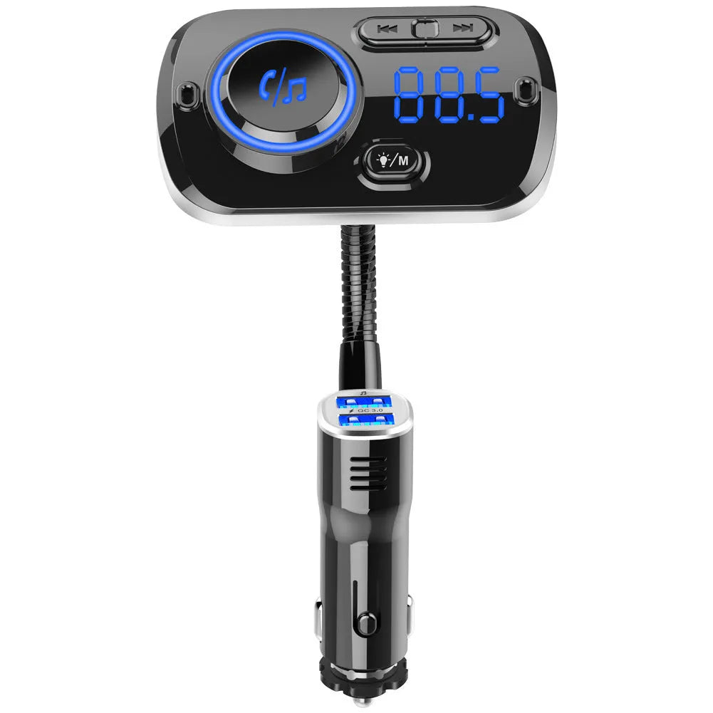 Black car MP3 Bluetooth player with dot LED display, FM transmitter, USB and TF card slots, and atmosphere light.