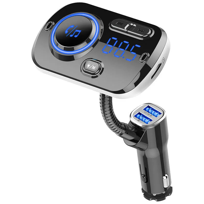 Black car MP3 Bluetooth player with dot LED display, FM transmitter, USB and TF card slots, and atmosphere light.