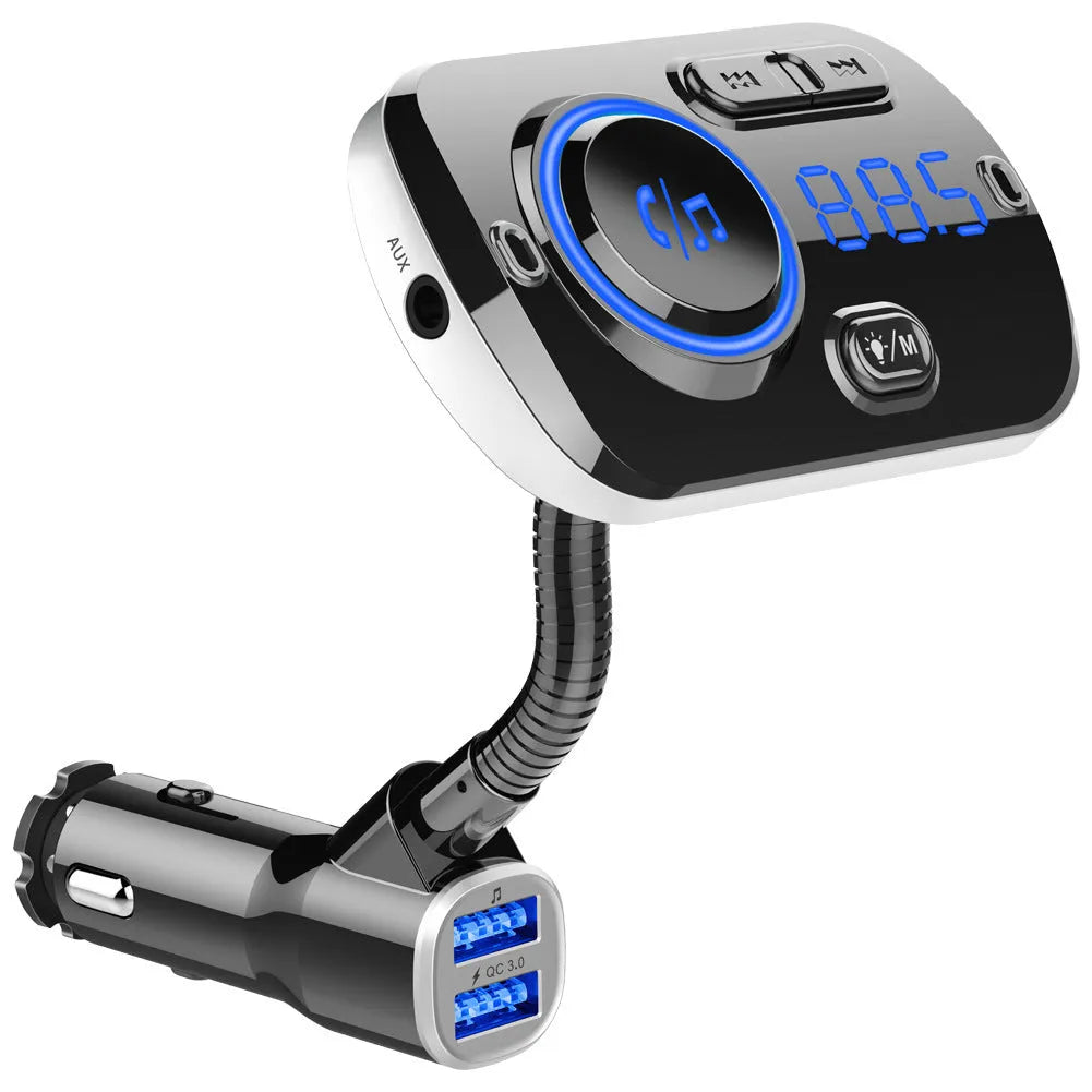 Black car MP3 Bluetooth player with dot LED display, FM transmitter, USB and TF card slots, and atmosphere light.