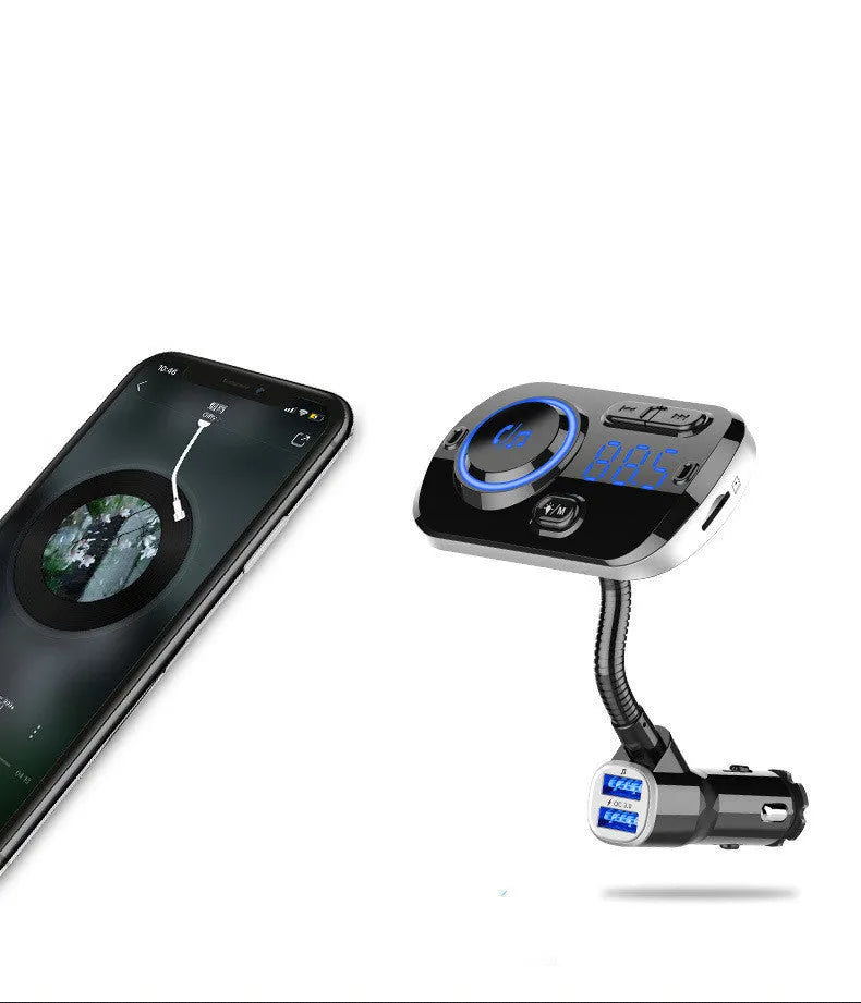 Black car MP3 Bluetooth player with dot LED display, FM transmitter, USB and TF card slots, and atmosphere light.