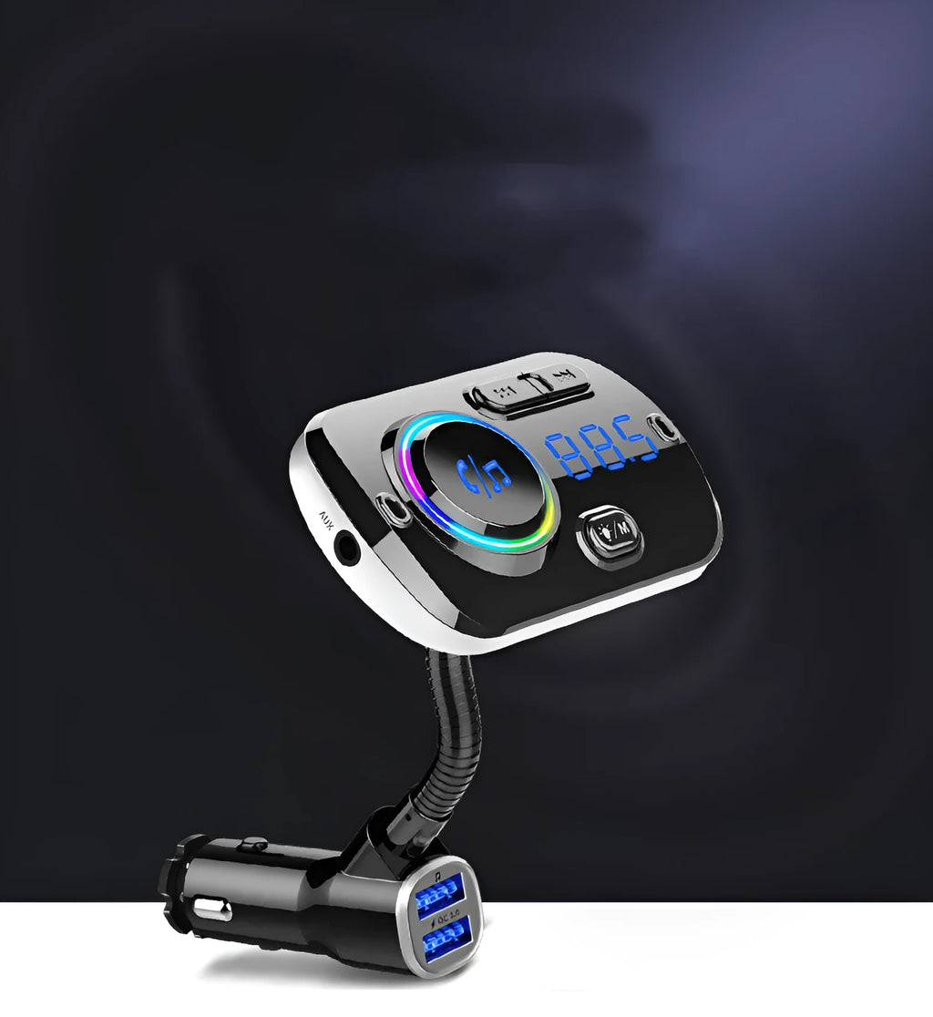 Black car MP3 Bluetooth player with dot LED display, FM transmitter, USB and TF card slots, and atmosphere light.