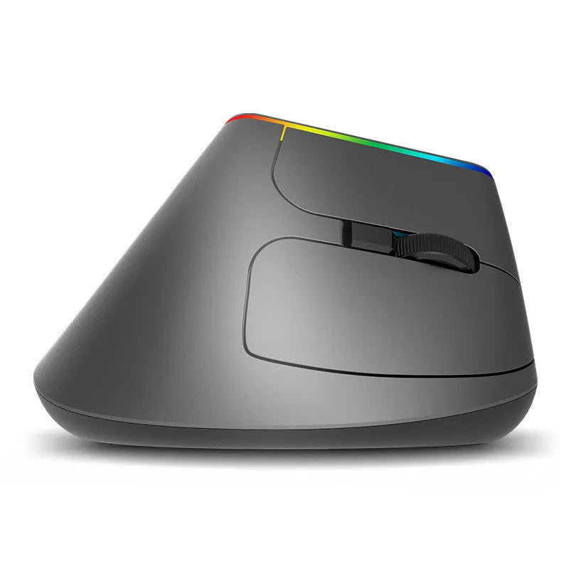 Vertical wireless ergonomic mouse in black with five buttons, 1600DPI optical sensor, and USB receiver on a desk