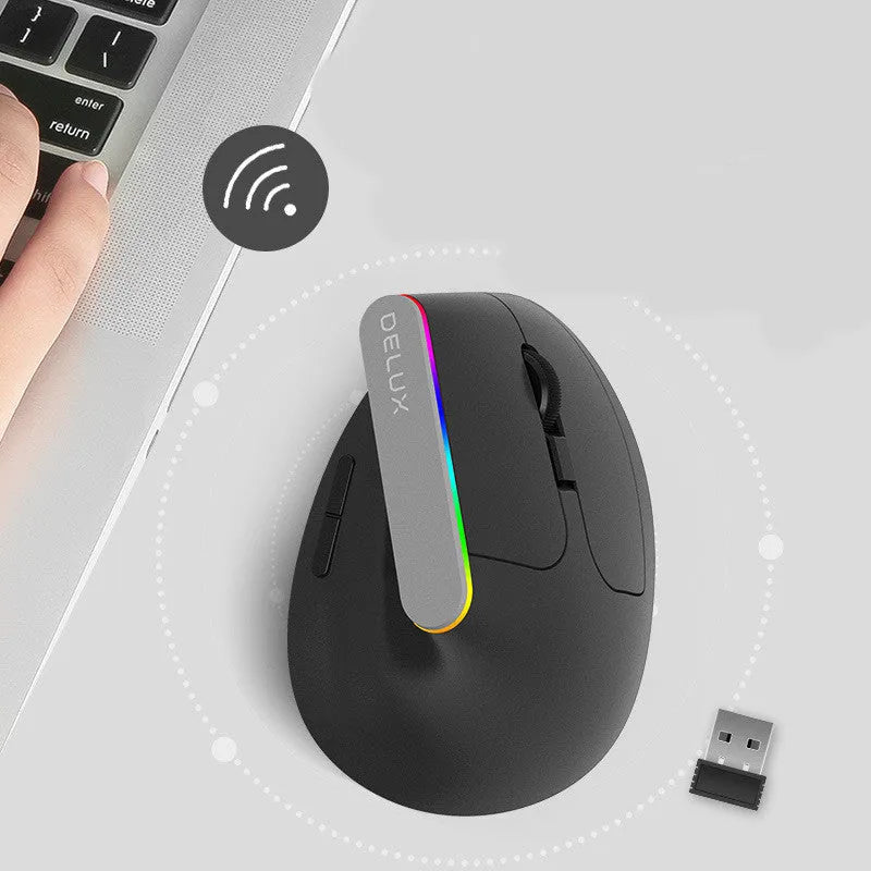 Vertical wireless ergonomic mouse in black with five buttons, 1600DPI optical sensor, and USB receiver on a desk