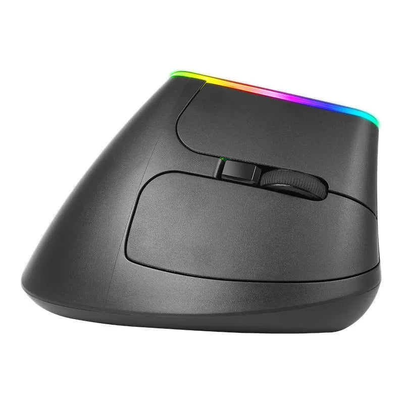 Vertical wireless ergonomic mouse in black with five buttons, 1600DPI optical sensor, and USB receiver on a desk