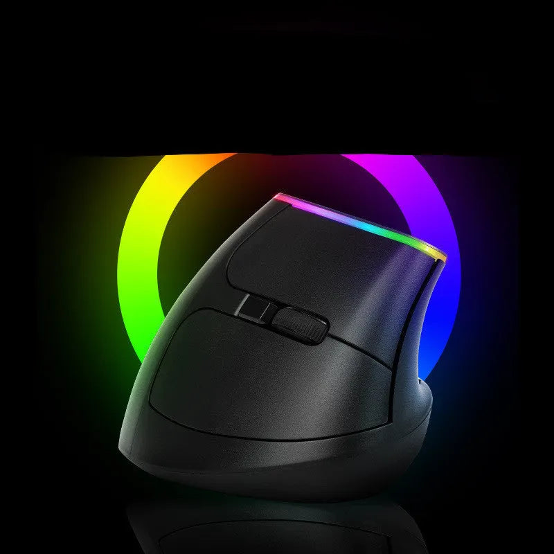 Vertical wireless ergonomic mouse in black with five buttons, 1600DPI optical sensor, and USB receiver on a desk