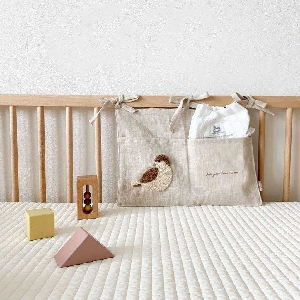 Khaki cotton linen bedside hanging storage bag with multiple pockets for organisation