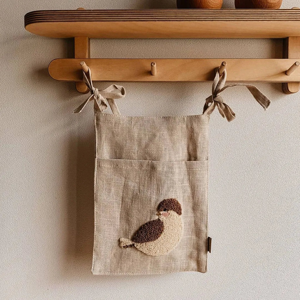 Khaki cotton linen bedside hanging storage bag with multiple pockets for organisation