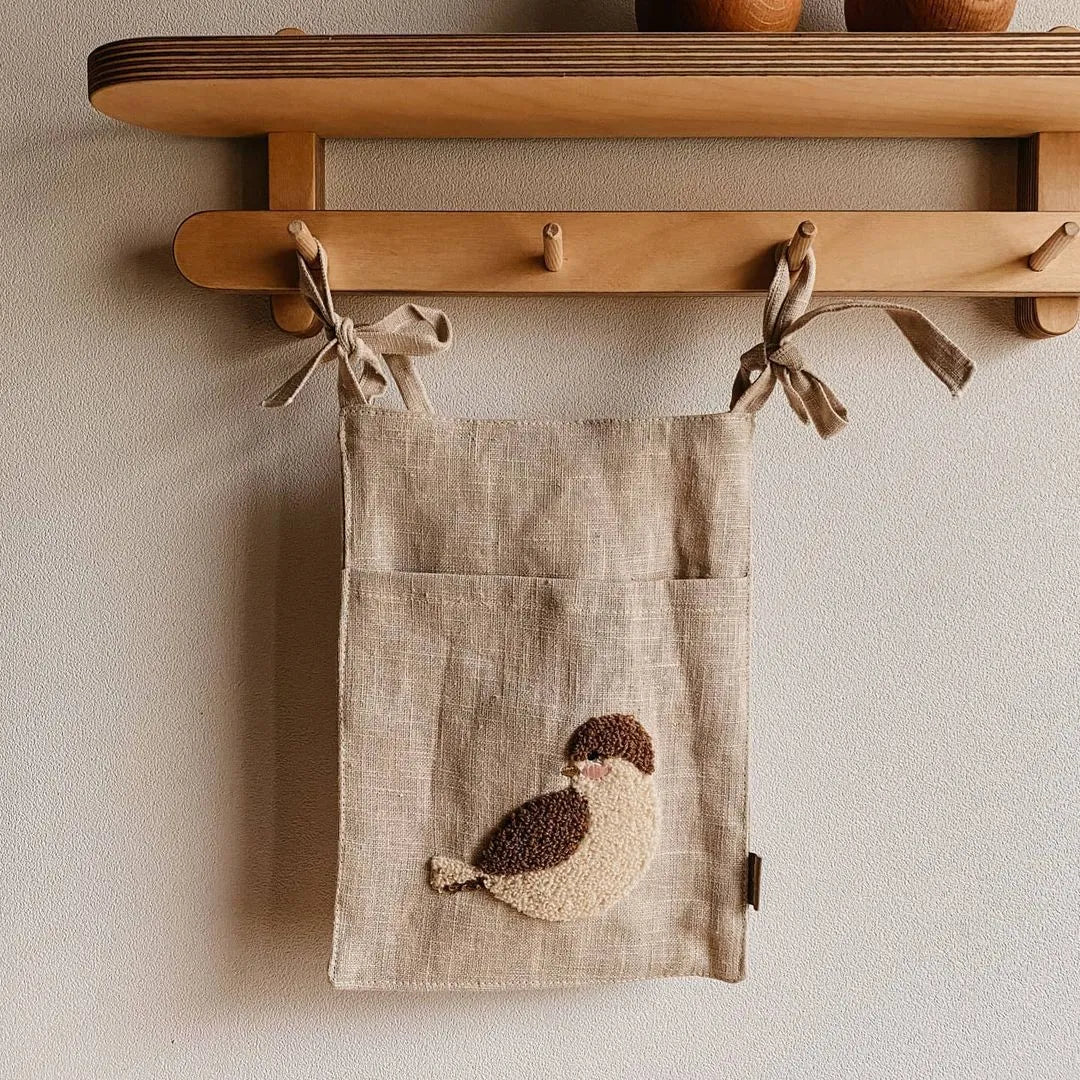 Khaki cotton linen bedside hanging storage bag with multiple pockets for organisation