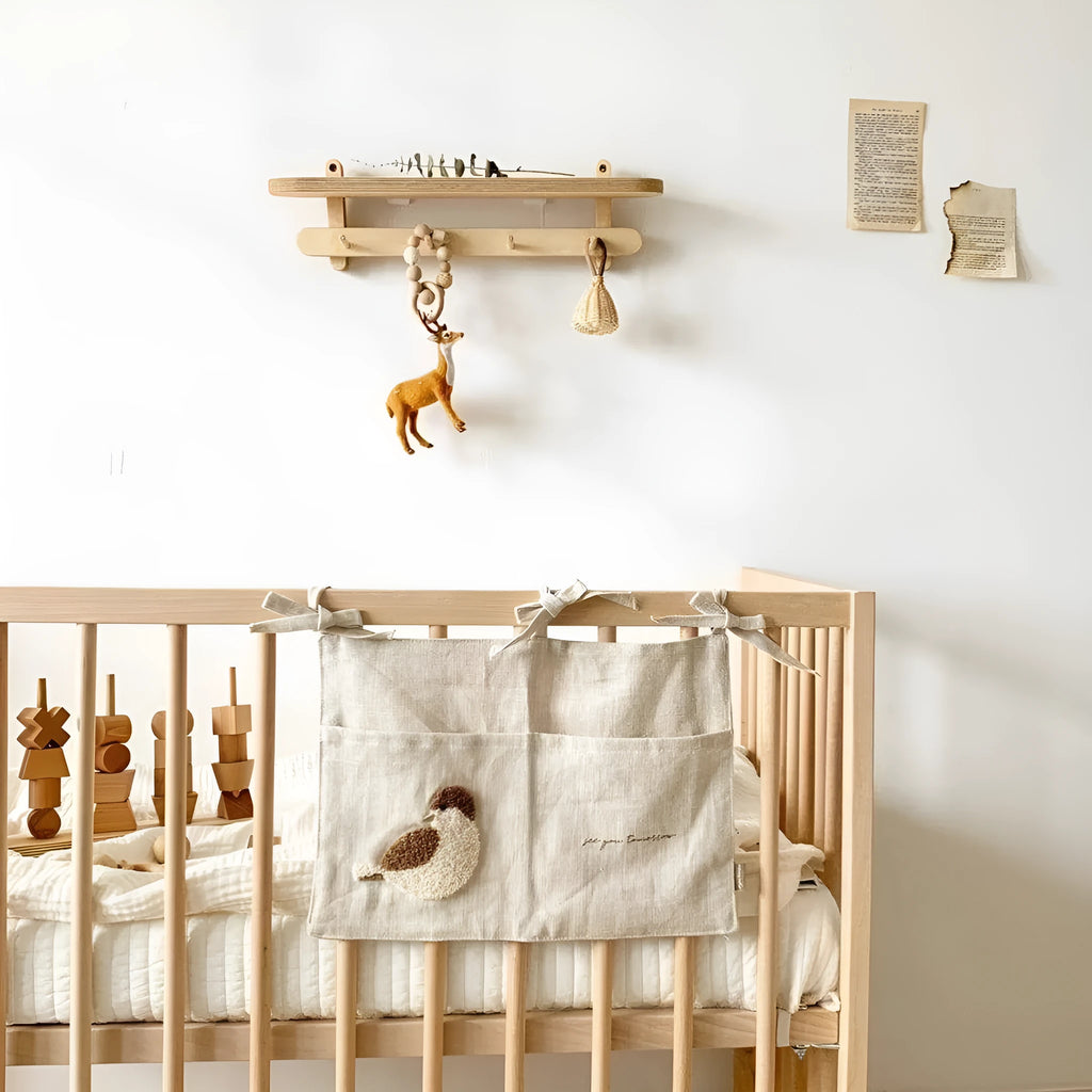 Khaki cotton linen bedside hanging storage bag with multiple pockets for organisation