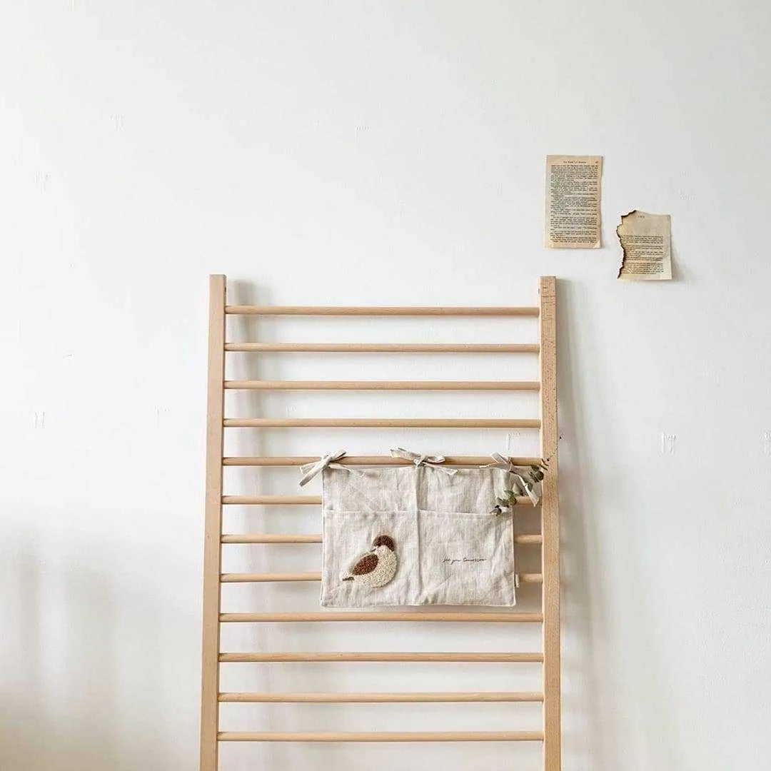 Khaki cotton linen bedside hanging storage bag with multiple pockets for organisation