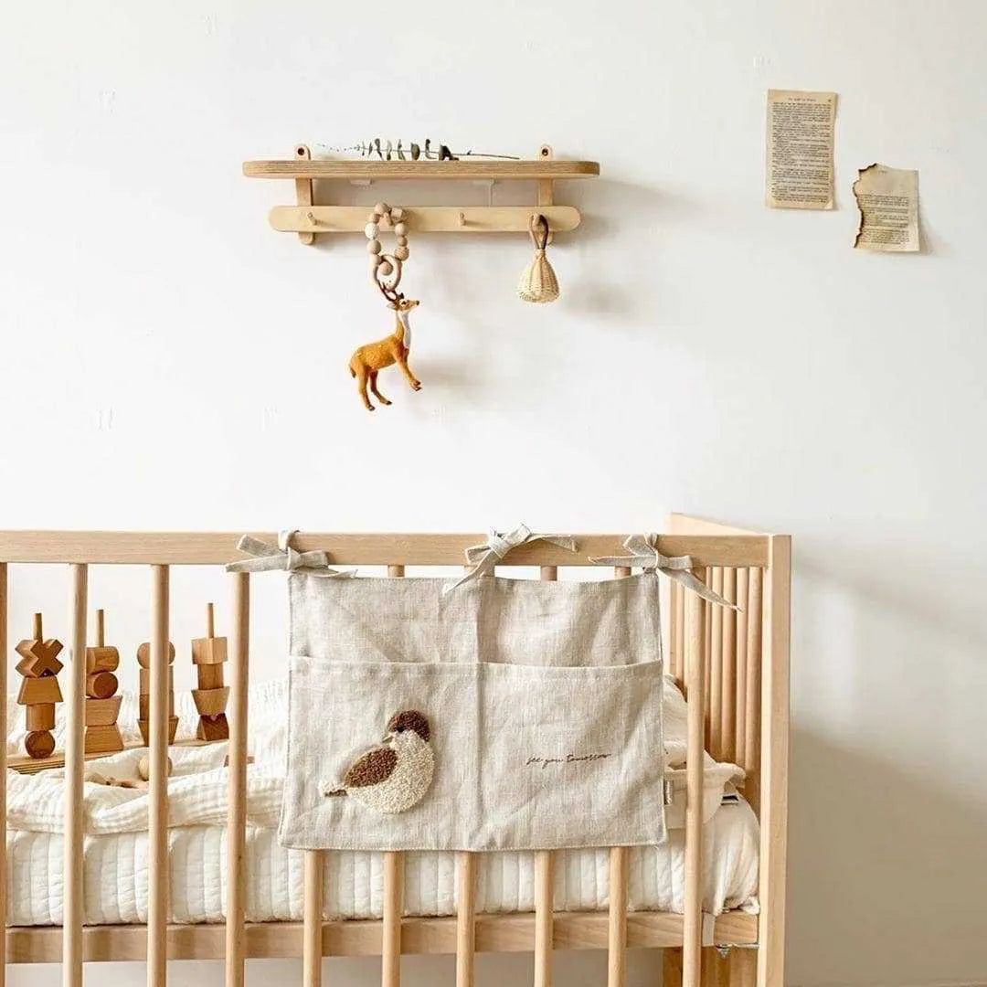 Khaki cotton linen bedside hanging storage bag with multiple pockets for organisation