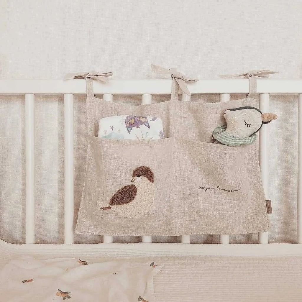 Khaki cotton linen bedside hanging storage bag with multiple pockets for organisation